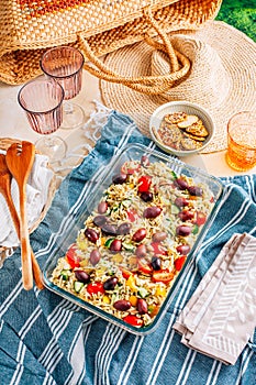 Picnic time - homemade orzo pasta salad with feta, olives, tomatoes