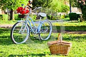 Picnic time. Nature cycling tour. Rent bike to explore city. Retro bicycle with picnic basket. Bike rental shops