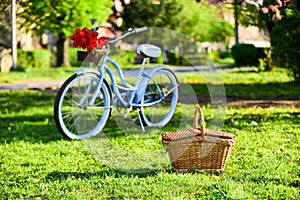 Picnic time. Nature cycling tour. Retro bicycle with picnic basket. Bike rental shops primarily serve typically