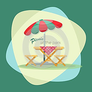 PICNIC TIME. Parasol. Picnic at the park. Vector flat illustration. Table with chairs. Emblem