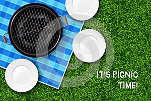 Picnic time. Summer BBQ on park lawn. Barbecue spring poster. 3D top view of grill and empty plates. Outdoor meal party