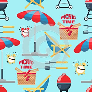 PICNIC TIME. Summer beach picnic, grill, barbecue, parasol. Vector template with various special tools.