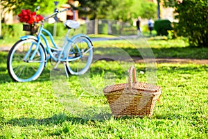 Picnic time. Vintage bike garden background. Rent bike to explore city. Nature cycling tour. Retro bicycle with picnic