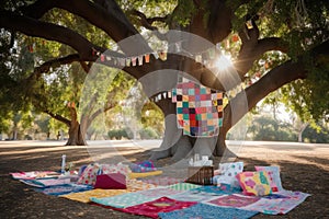 picnic under a shady tree with colorful quilts and lanterns