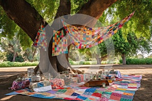 picnic under a shady tree with colorful quilts and lanterns