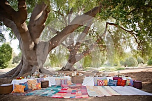 picnic under a shady tree with colorful quilts and lanterns