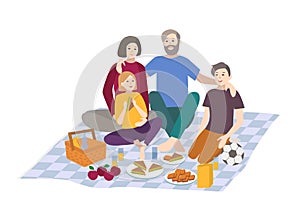 Picnic, vector illustration. Family with children together, outdoor relax. people recreation scene in flat style.