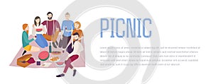 Picnic, vector illustration. Friends company together, outdoor relax. people recreation scene in flat style. Background