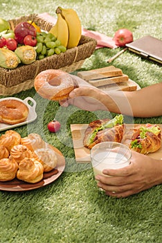 Picnic wicker basket with food, bread, fruit and orange juice on a red and white checked cloth in the field with green nature