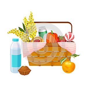 Picnic Wicker Hamper with Foodstuff for Eating Outdoors Vector Illustration