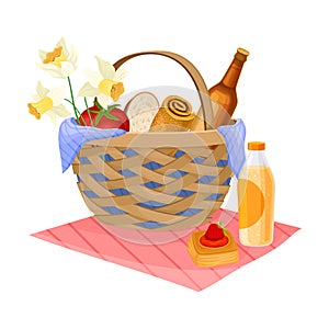 Picnic Wicker Hamper with Foodstuff for Eating Outdoors Vector Illustration