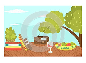 Picnic wild organic ecology place, foodstuff outdoor forest tree area, cozy meal location with radio flat vector