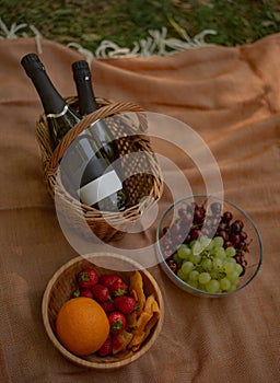 Picnic with wine and fruits