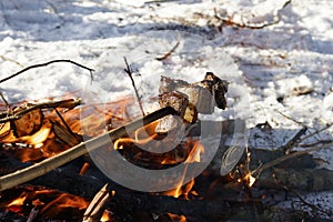 Picnic in winter. Cooking bacon on a fire in the winter forest during a hike, highting. The concept of winter recreation, camping
