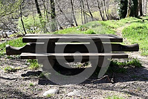 Picnic wooden table with benches in picnic area in park