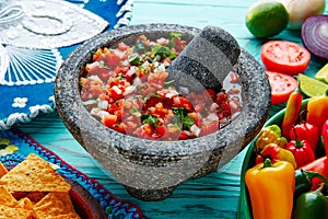 Pico de Gallo sauce from Mexico in molcajete