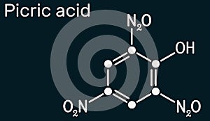 Picric acid  2,4,6-trinitrophenol, TNP, C6H3N3O7 molecule. It has a role as an explosive, an antiseptic drug. Skeletal chemical photo