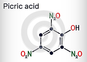 Picric acid  2,4,6-trinitrophenol, TNP, C6H3N3O7 molecule. It has a role as an explosive, an antiseptic drug. Skeletal chemical photo