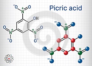 Picric acid  2,4,6-trinitrophenol, TNP, C6H3N3O7 molecule. It has a role as an explosive, an antiseptic drug. Structural photo