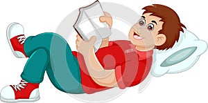 Funny boy cartoon reading book with relaxing