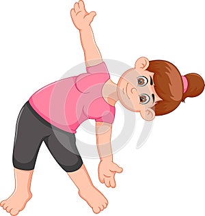 Funny woman cartoon exercing yoga sport tilt the body with waving