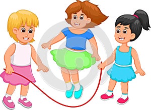 Happy children cartoon play jump rope with happiness