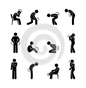 Pictogram body ach pain, backache headache, stick figure people icon photo