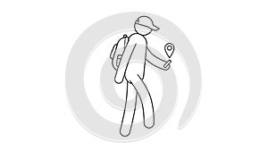 Pictogram man goes with backpack and smartphone with GPS sygnal
