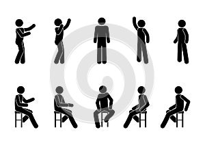 Pictogram people sit and stand, man icon, human silhouette in various poses