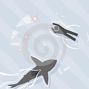 Pictogram scene of shark swimming dangerously close to unaware s