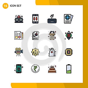 Pictogram Set of 16 Simple Flat Color Filled Lines of education, text, attach, file, passport