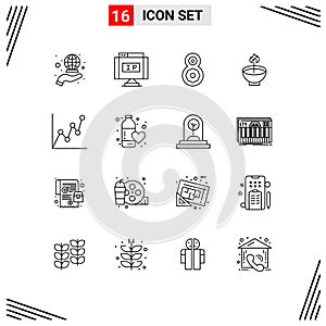 Pictogram Set of 16 Simple Outlines of ligh, festival, eight, diwali, deepam