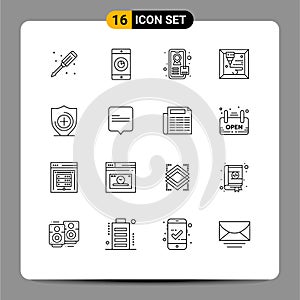 Pictogram Set of 16 Simple Outlines of news, comment, tracking, chat, healthcare