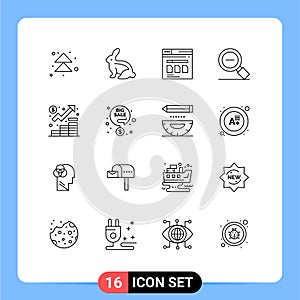 Pictogram Set of 16 Simple Outlines of zoom, magnifying glass, page, magnify, file