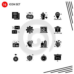 Pictogram Set of 16 Simple Solid Glyphs of address, place, sold, location, business