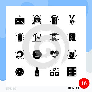 Pictogram Set of 16 Simple Solid Glyphs of ribbon, rank, basket, medal, award