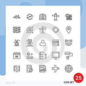 Pictogram Set of 25 Simple Lines of street, navigation, round the clock, security, money