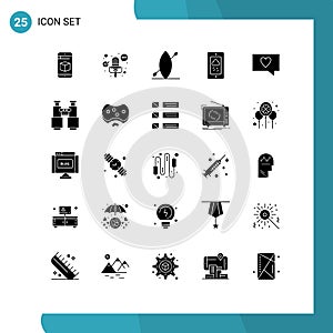 Pictogram Set of 25 Simple Solid Glyphs of binoculars, love, boat, like, weather
