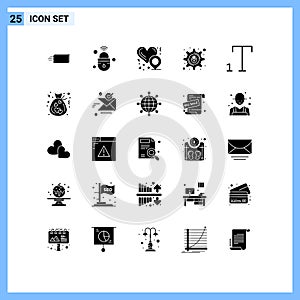 Pictogram Set of 25 Simple Solid Glyphs of font, security, secure, lock, love location
