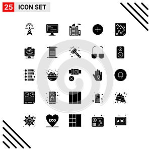 Pictogram Set of 25 Simple Solid Glyphs of page, data, education, contact, twitter