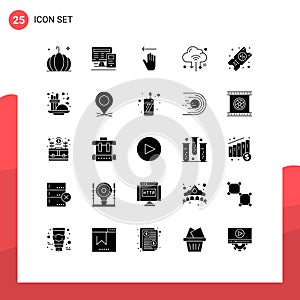 Pictogram Set of 25 Simple Solid Glyphs of ticket, cloud, hand, router, internet