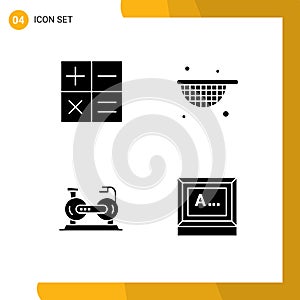 Pictogram Set of 4 Simple Solid Glyphs of calculator, bike, strainer, bicycle, screen
