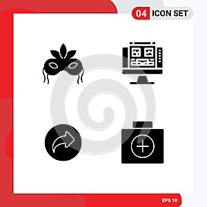 Pictogram Set of 4 Simple Solid Glyphs of mask, arrow, mardigras, monitor, ui