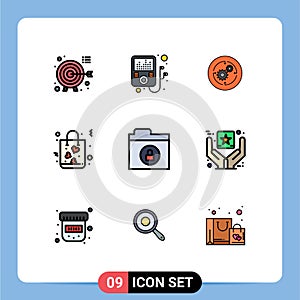 Pictogram Set of 9 Simple Filledline Flat Colors of lock, encryption, company, shopping, gift