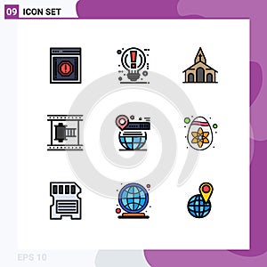 Pictogram Set of 9 Simple Filledline Flat Colors of movie reel, film, power, cinema, church