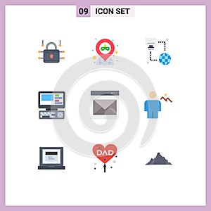 Pictogram Set of 9 Simple Flat Colors of contact, education, internet, system, computer
