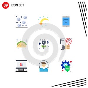 Pictogram Set of 9 Simple Flat Colors of power, energy, data, food, taco