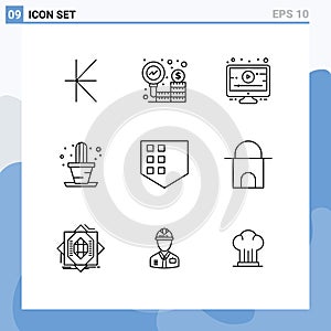 Pictogram Set of 9 Simple Outlines of building, security, lesson, protect, house