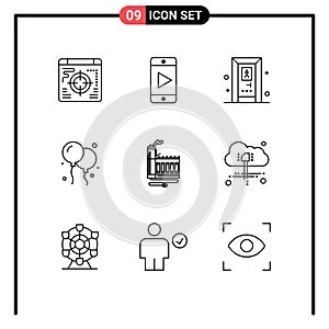 Pictogram Set of 9 Simple Outlines of cloud, factory, bath, energy, consumption