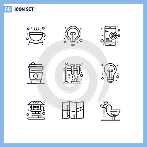 Pictogram Set of 9 Simple Outlines of creative, space, target, science, drink